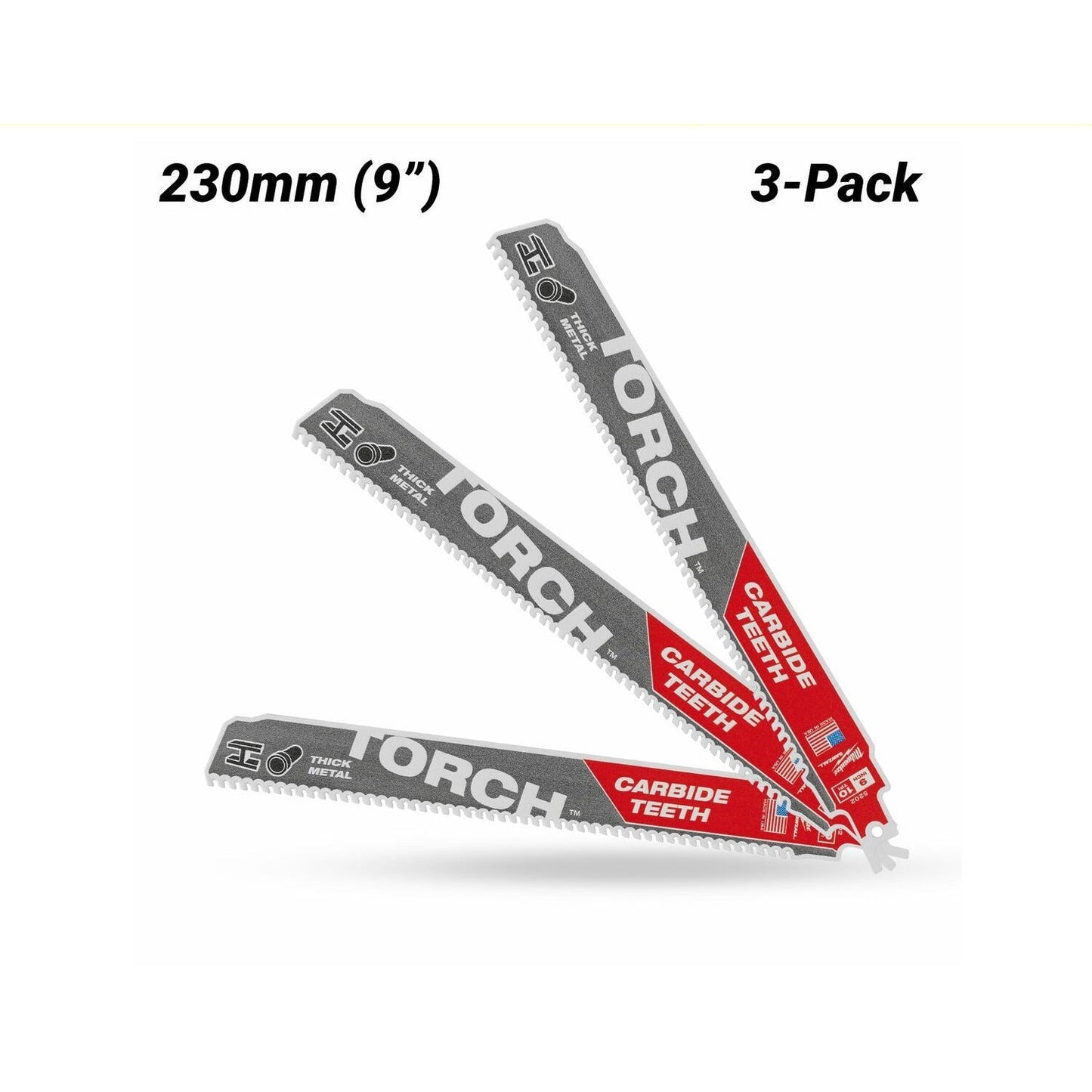 Milwaukee 48475352 3-Pack 230mm (9") SAWZALL™ The TORCH™ with Carbide Teeth 10TPI Blade