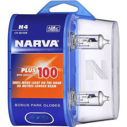 Narva H4 Headlight Bulb P43T Plus 100 12V 60/55W 2 Pce 48872BL2
