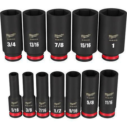 Milwaukee SHOCKWAVE 3/8in Drive 12PC SAE Deep 6 Point Impact Socket Set 49667006