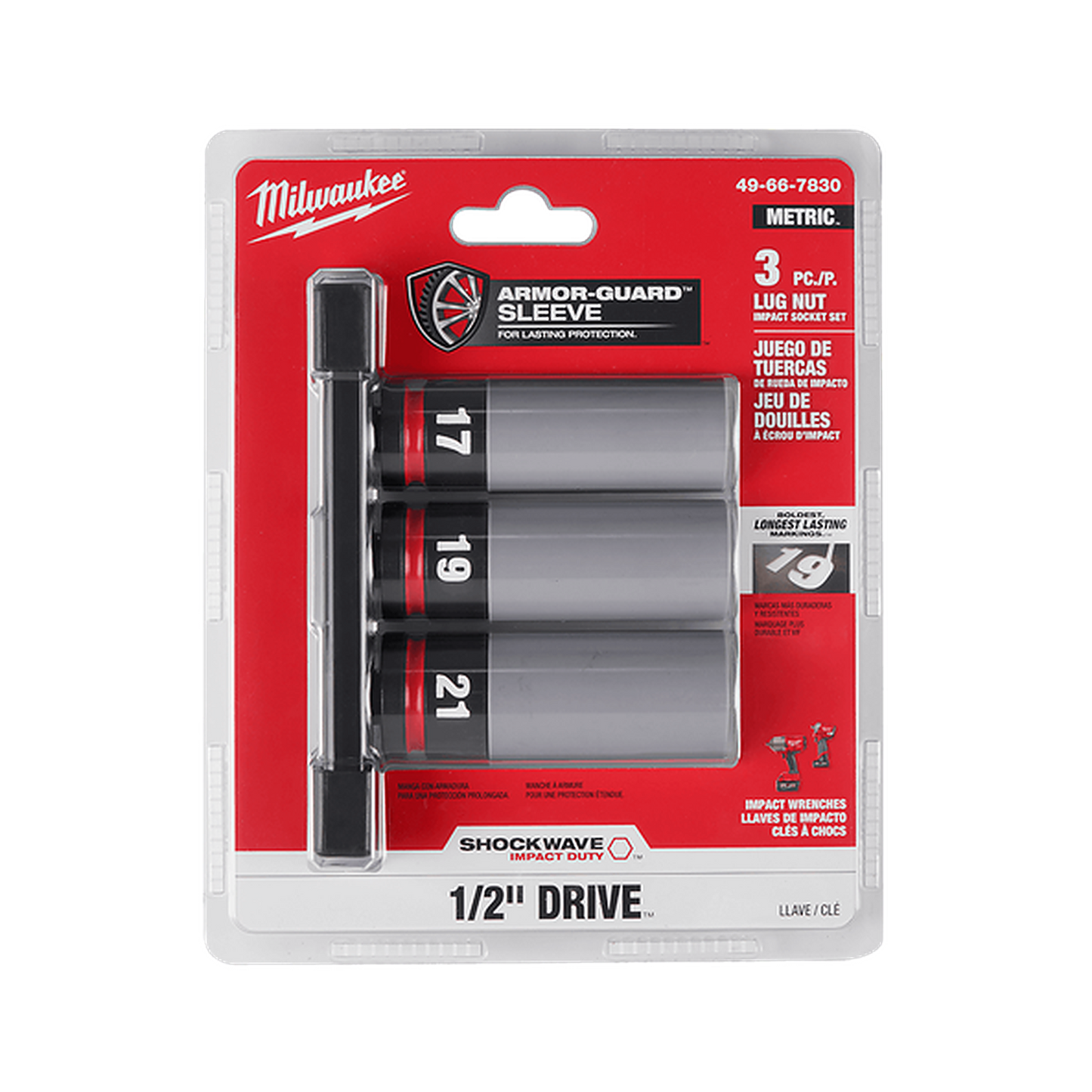 Milwaukee SHOCKWAVE Impact Duty 1/2in Drive 3PC Lug Nut Wheel Socket Set 49667830