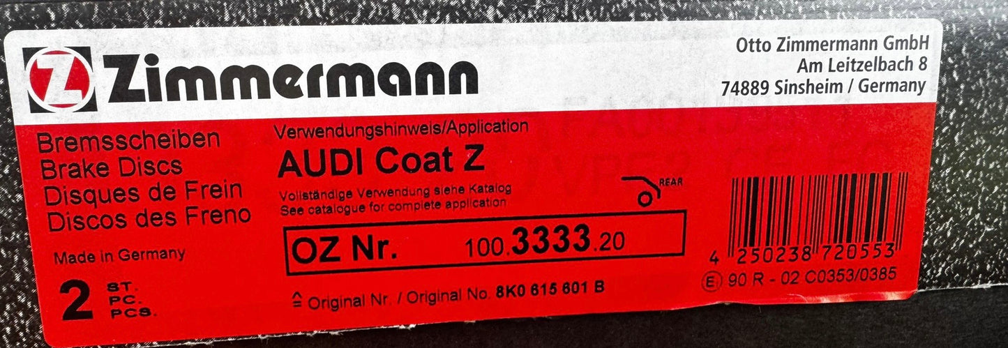 Zimmermann Coat Z Brake Rotor Rear PAIR 100.3333.20