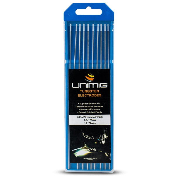 UNIMIG 1.6mm WZ8 0.8 Percent Zirconiated Tungsten Electrodes - 10 Pack PTR0006-16