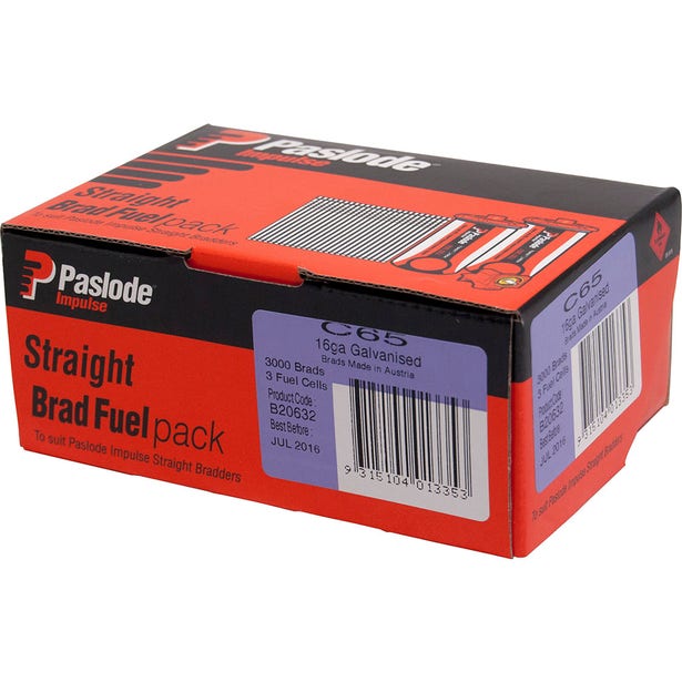 PASLODE 65 x 1.6mm Zinc Plated C65 Impulse Brad with Fuel 3000 pk B20632