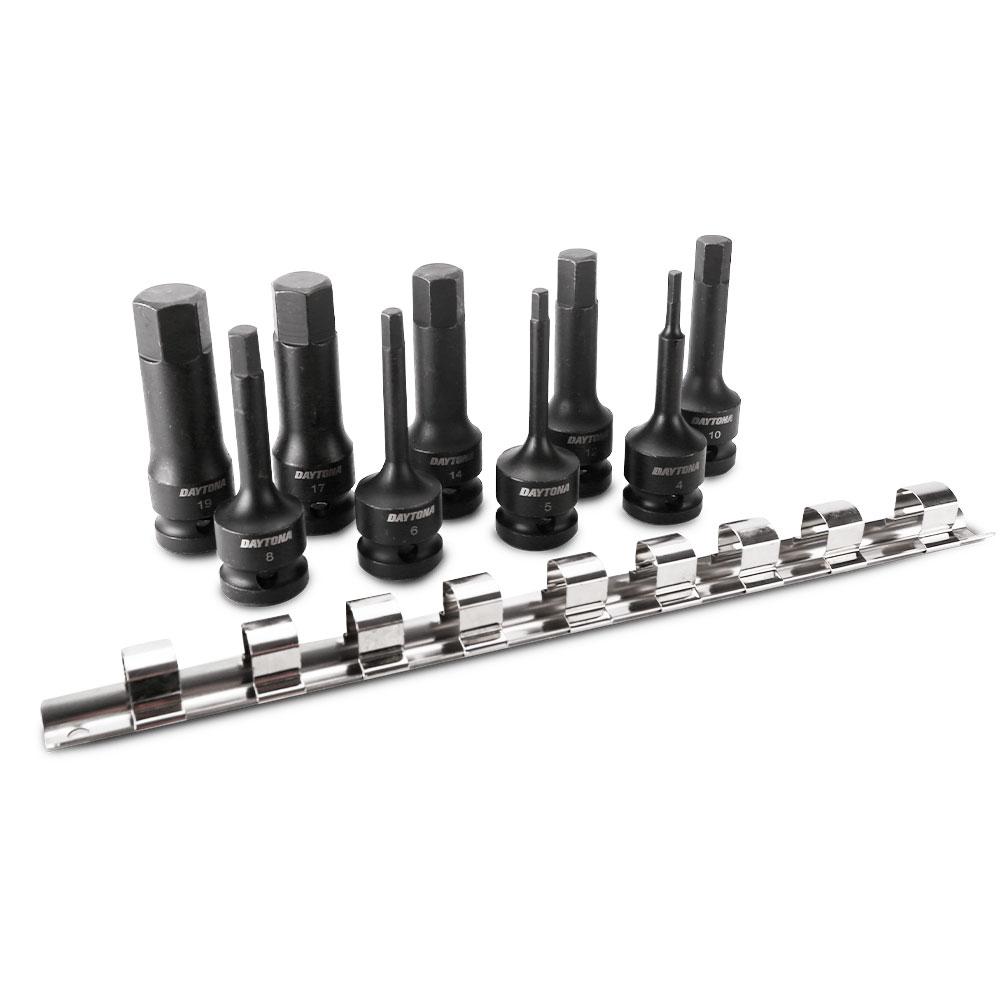 Daytona DHIS9 9pce 1/2" H4-H19 Metric Hex Impact Socket Bit Set On Rail