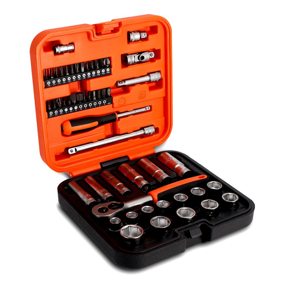 Bahco S51MC3H 51pce 3/8” Square Drive Standard and Deep Socket Set with Metric Hex Profile and 1/4” Bits