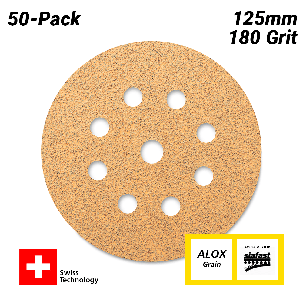 Sia Abrasives F03E02DD39 50-Pack 125mm 180 Grit Universal 9-Hole Hook & Loop Sanding Disc