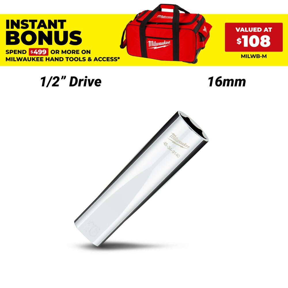 Milwaukee 45349140 1/2" Drive 16mm Metric 6 Point Deep Socket