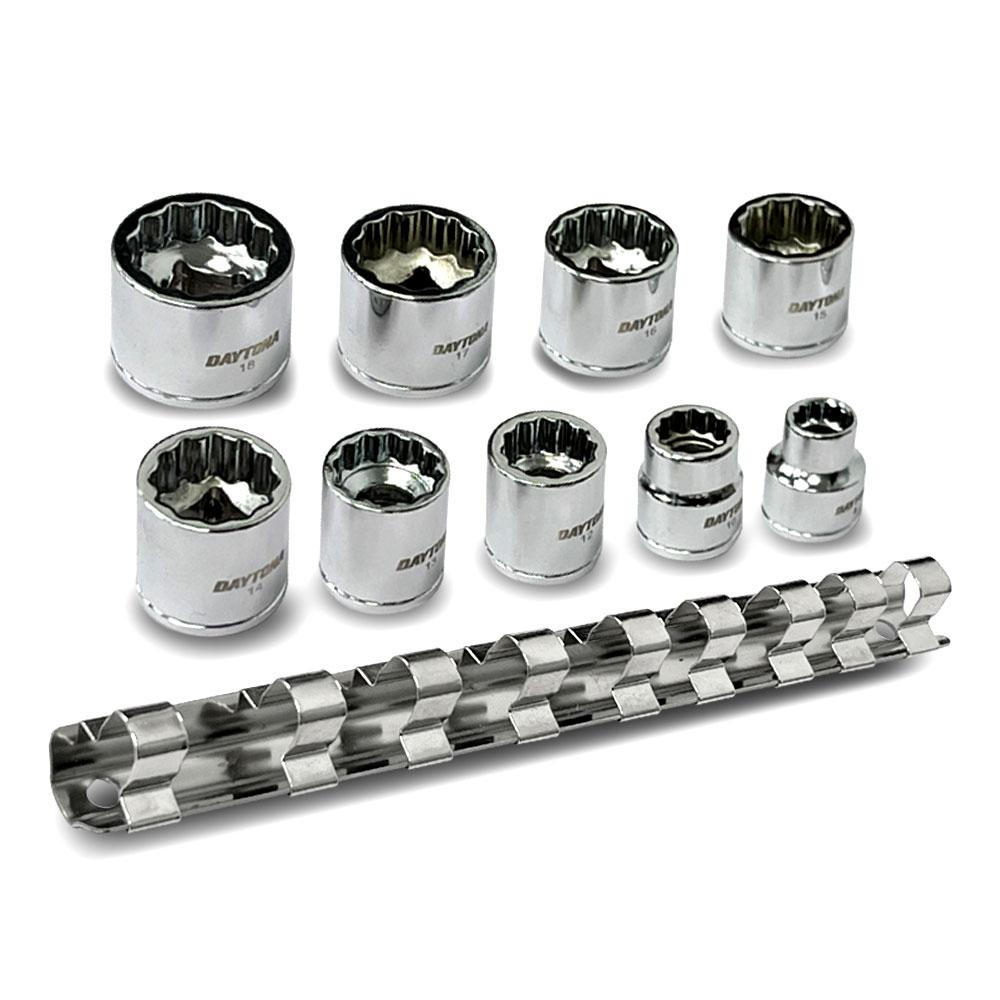 Daytona DSS938 9pce 3/8" Low Profile 8-18mm Metric Stubby Sockets On Rail