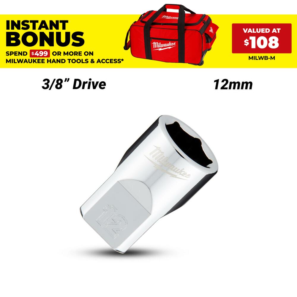 Milwaukee 45349082 3/8’’ Drive 12mm Metric 6-Point Standard Socket