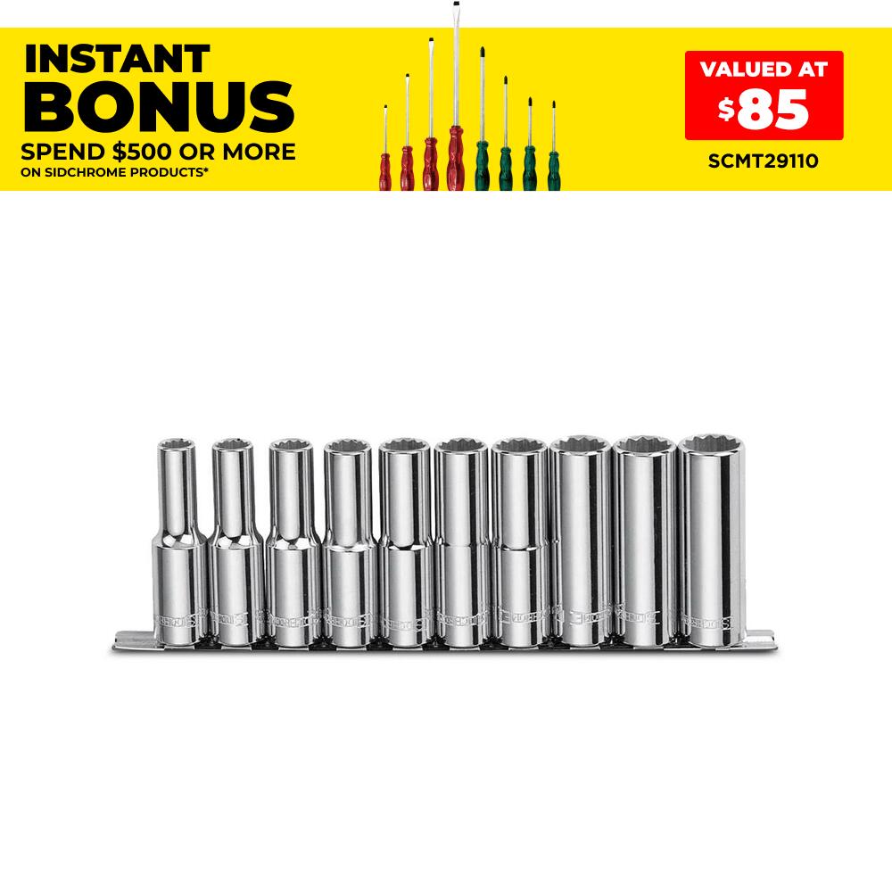 Sidchrome SCMT14252 10pce 1/2" Drive Metric 12PT Deep Socket Set