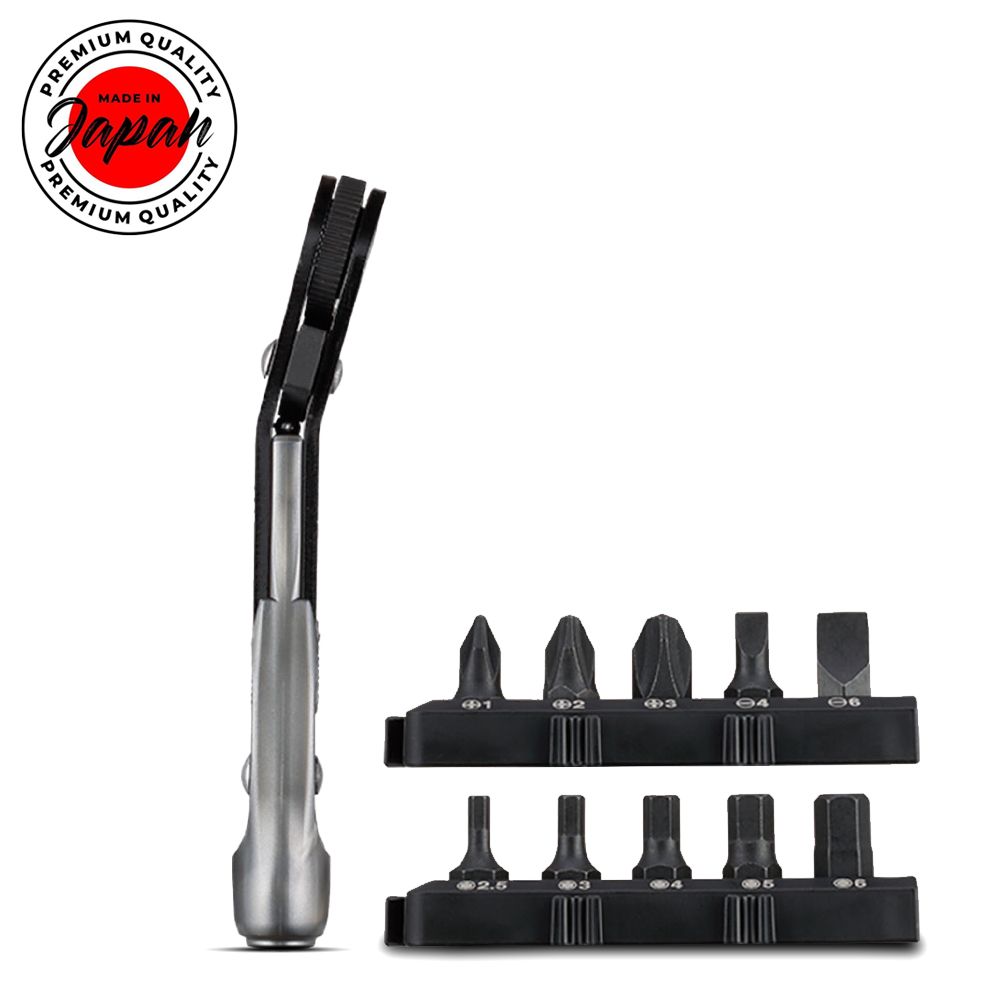 Vessel TD-25B Ultra Thin Fine Mini Ratchet Screwdriver Bent With 10 Bits Included