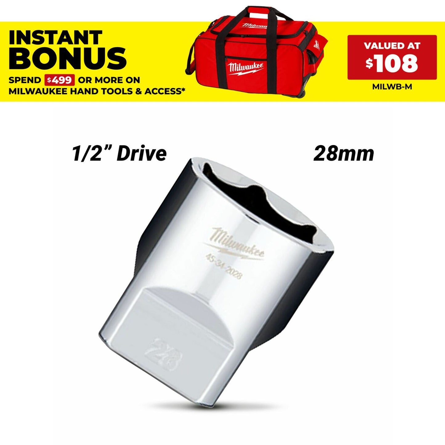 Milwaukee 45342028 1/2" Drive 28mm Metric Standard 6 Point Socket