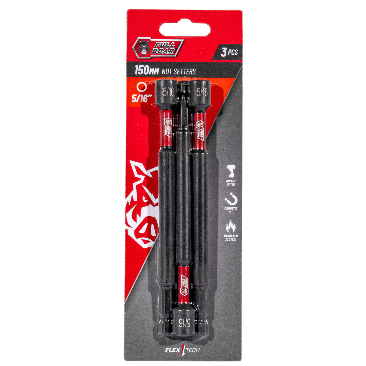 Full Boar 5/16" x 150mm Magnetic Impact Nut Setters - 3 Pack