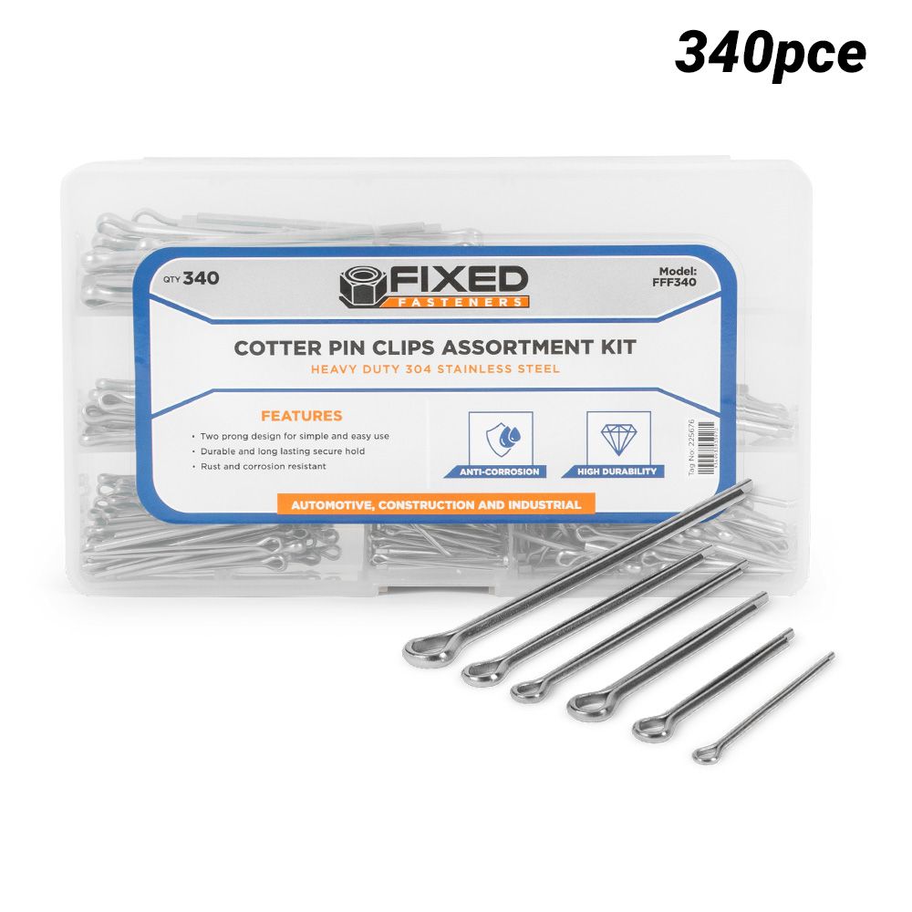 Fixed Fasteners FFF340 340pce Heavy Duty 304 Stainless Steel Cotter Pin Clips Assortment Kit