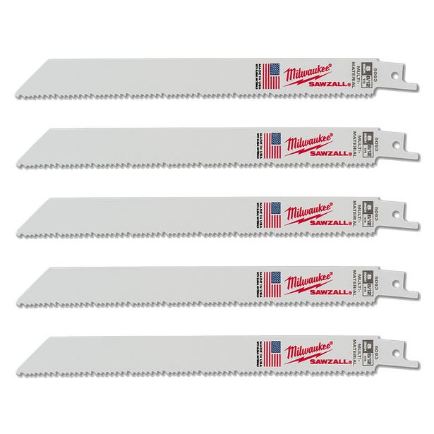MILWAUKEE 200mm 8/12TPI Bi-Metal Reciprocating Saw Blade for Wood & Metal Cutting - THIN KERF - 5 Piece 48475093