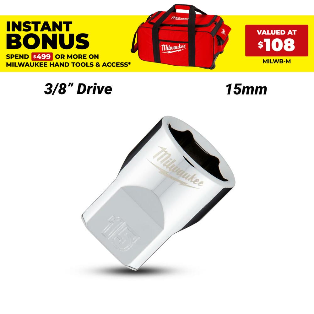 Milwaukee 45349085 3/8’’ Drive 15mm Metric 6-Point Standard Socket