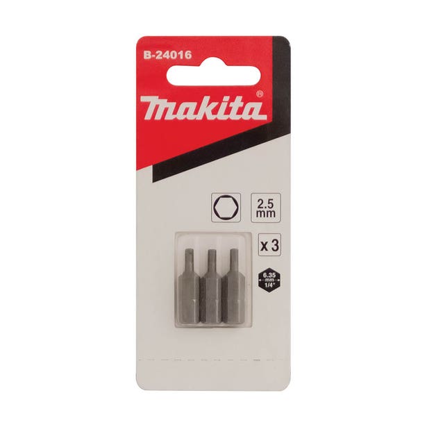 MAKITA 2.5 x 25mm Hex Screwdriver Bit - 3 Piece B24016