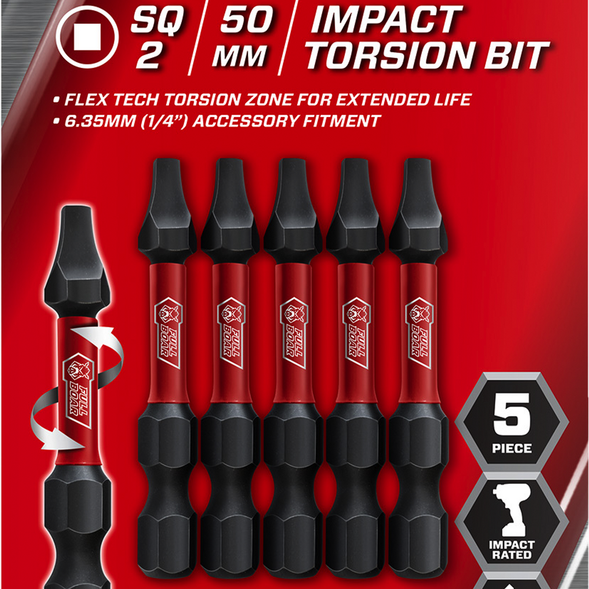 Full Boar SQ2 x 50mm Impact Torsion Bit - 5 Pack