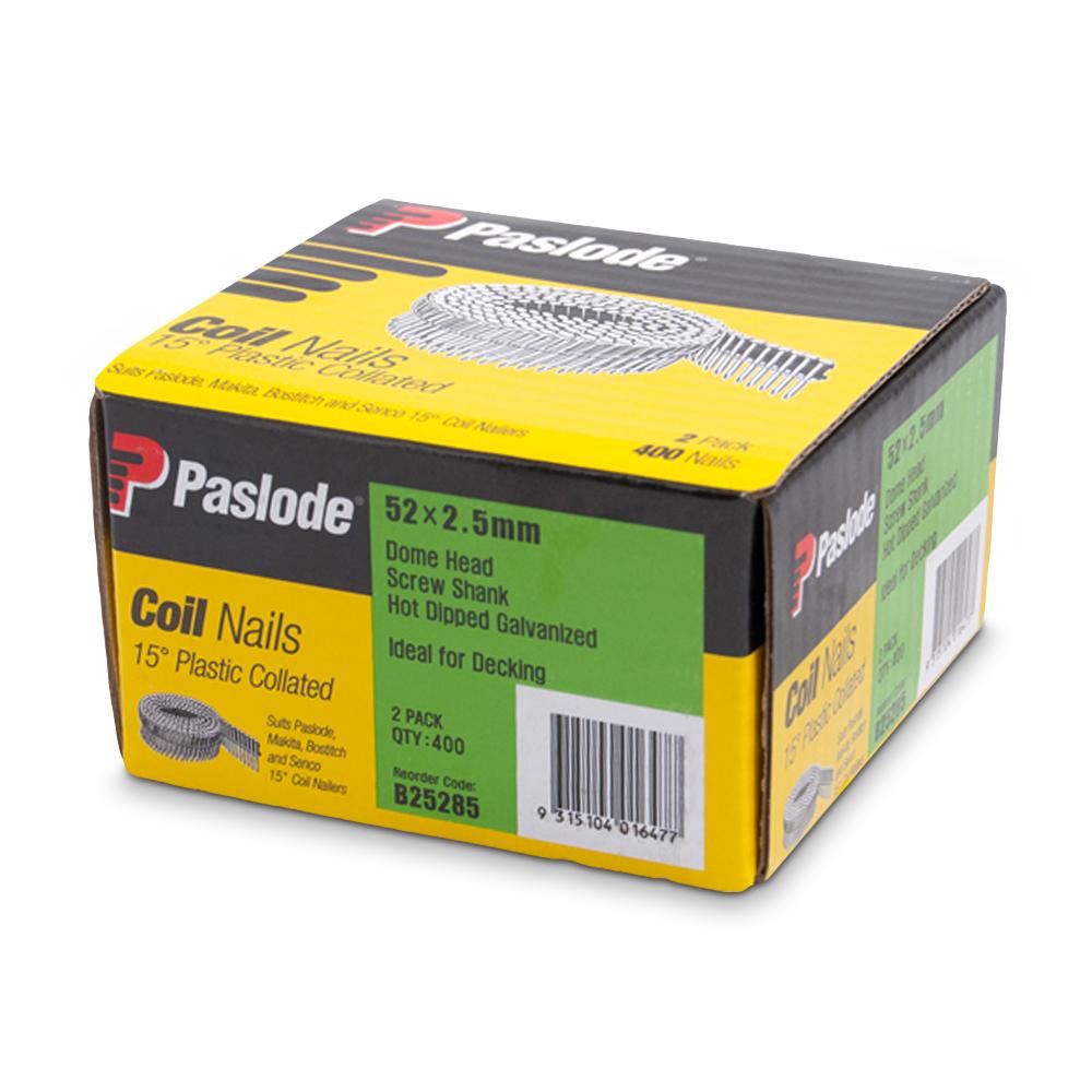 Paslode B25285 52mm x 2.5mm Screw Hot Dipped Galvanised Plastic Collated Dome Head Coil Nails - 2 Pack