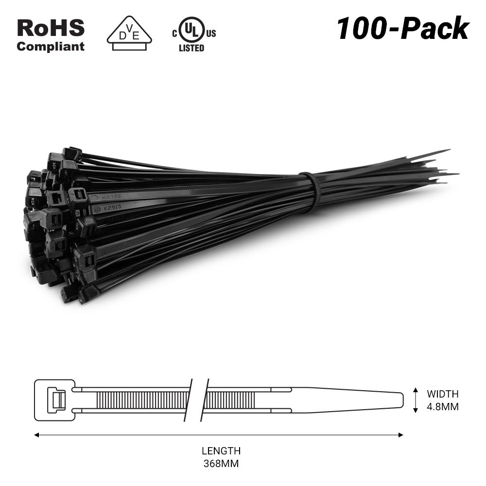 Fixed Fasteners FBCT368 100-Pack 368mm x 4.8mm Black UV Resistant Nylon Cable Tie