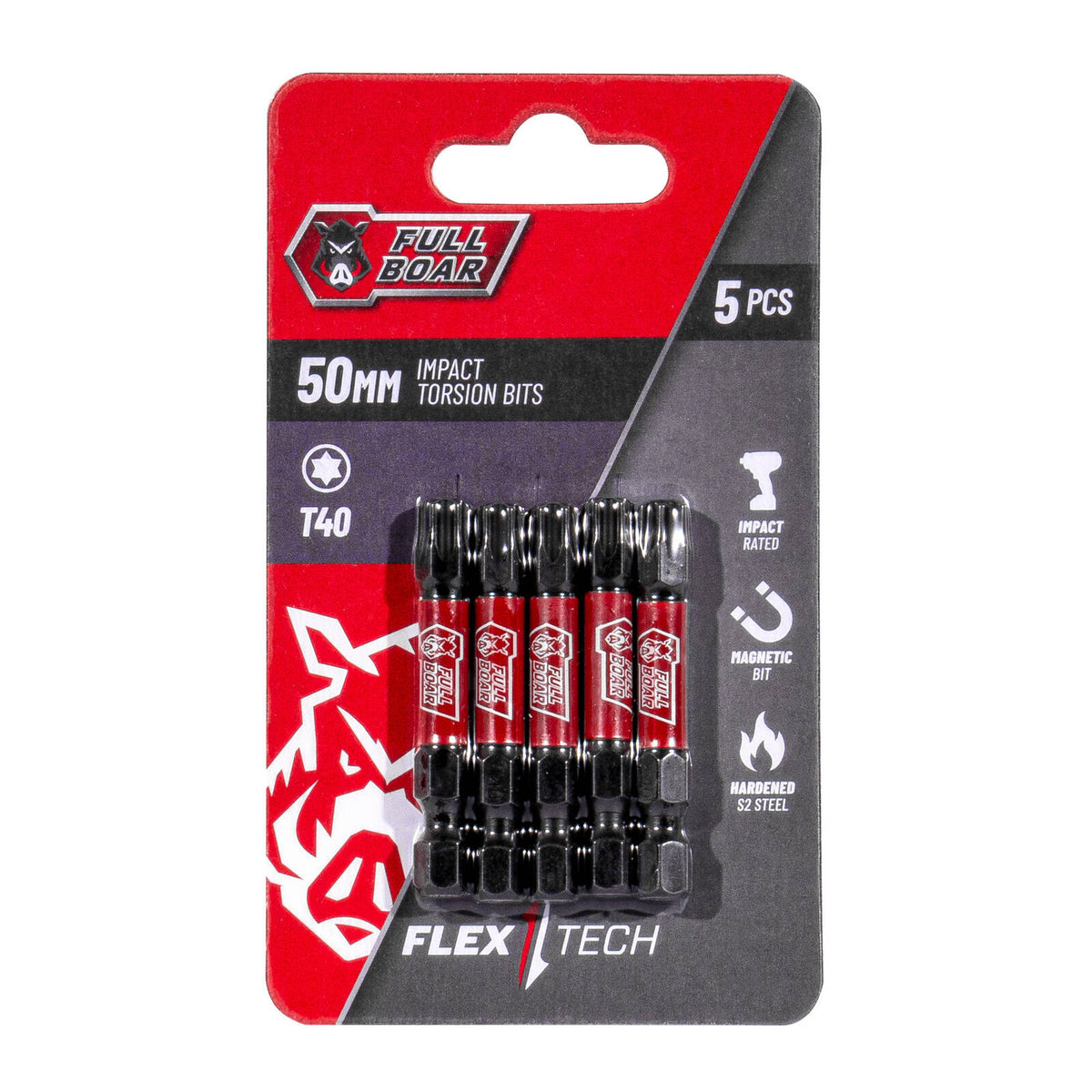Full Boar T40 x 50mm Impact Torsion Bits Set - 5 Pack
