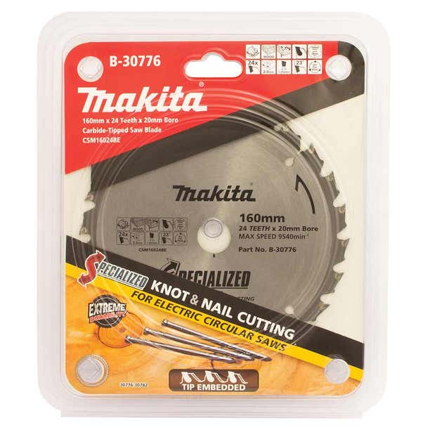Makita 160mm 24T TCT Circular Saw Blade for Knot & Nail Cutting - Mitre Saw - Specialized B-30776