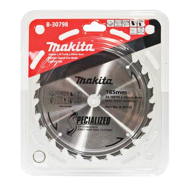 Makita 185mm 24T TCT Circular Saw Blade for Knot & Nail Cutting - Mitre Saw - Specialized B-30798