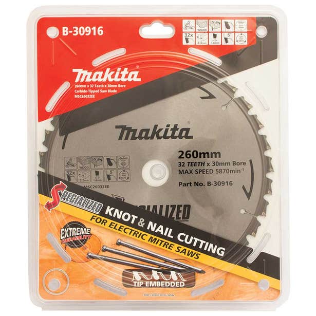 Makita 260mm 32T TCT Circular Saw Blade for Knot & Nail Cutting - Mitre Saw - Specialized B-30916