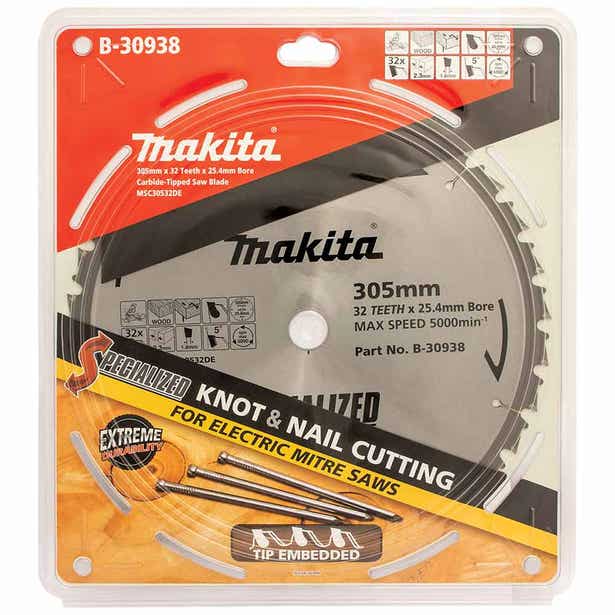 Makita 305mm 32T TCT Circular Saw Blade for Knot & Nail Cutting - Mitre Saw - Specialized B-30938
