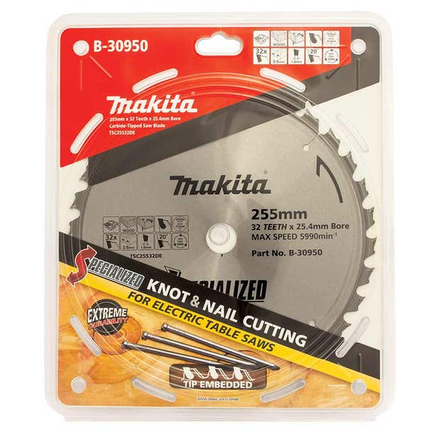 Makita 255mm 32T TCT Circular Saw Blade for Knot & Nail Cutting - Mitre Saw - Specialized B-30950