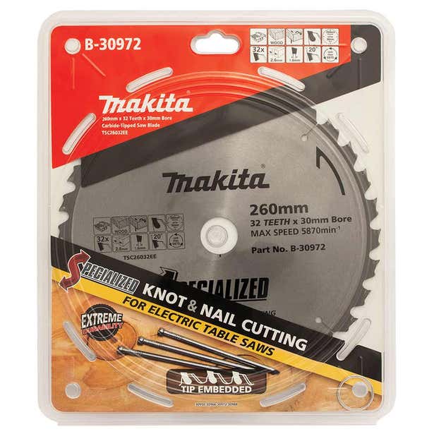 Makita 260mm 32T TCT Circular Saw Blade for Knot & Nail Cutting - Mitre Saw - Specialized B-30972