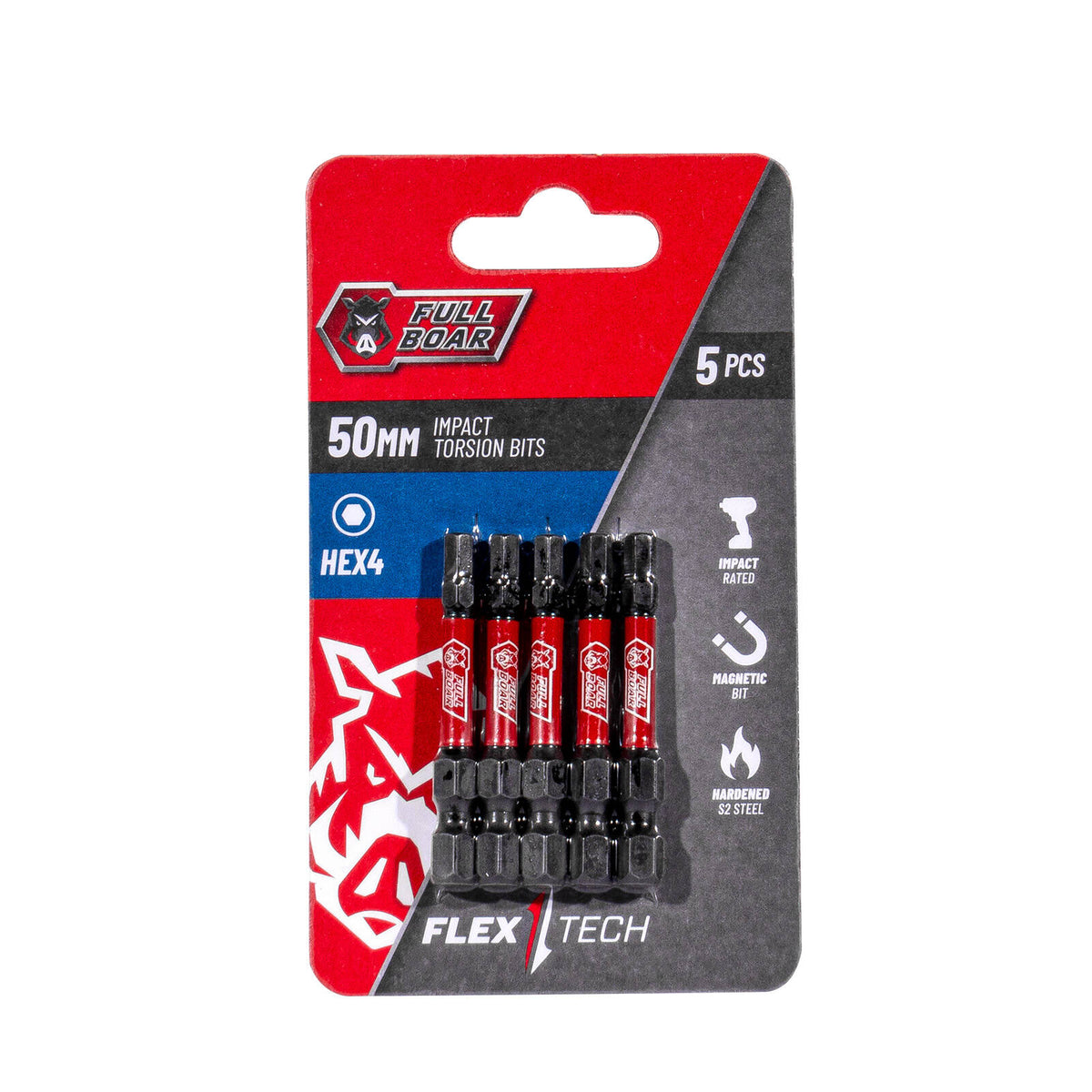Full Boar HEX4 x 50mm Impact Torsion Bits Set - 5 Pack