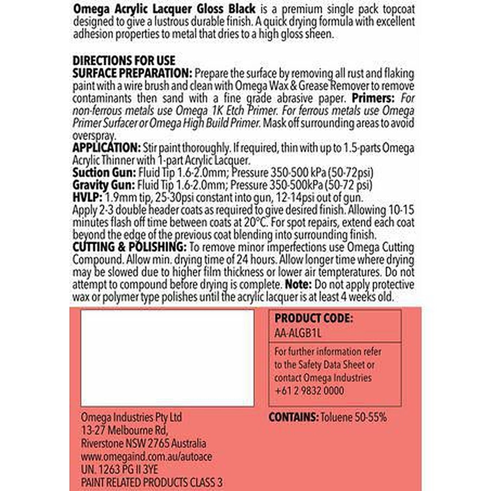 Omega Acrylic Lacquer Gloss Black 1L AA-ALGB1L