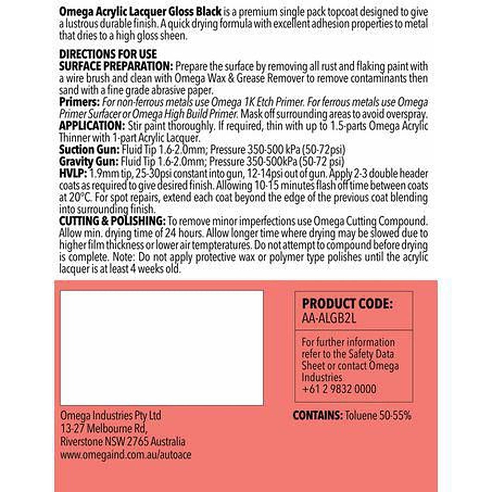 Omega Acrylic Lacquer Gloss Black 2L AA-ALGB2L