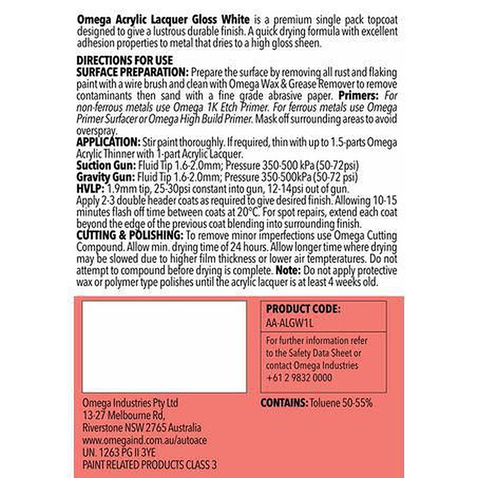Omega Acrylic Lacquer Gloss White 1L AA-ALGW1L