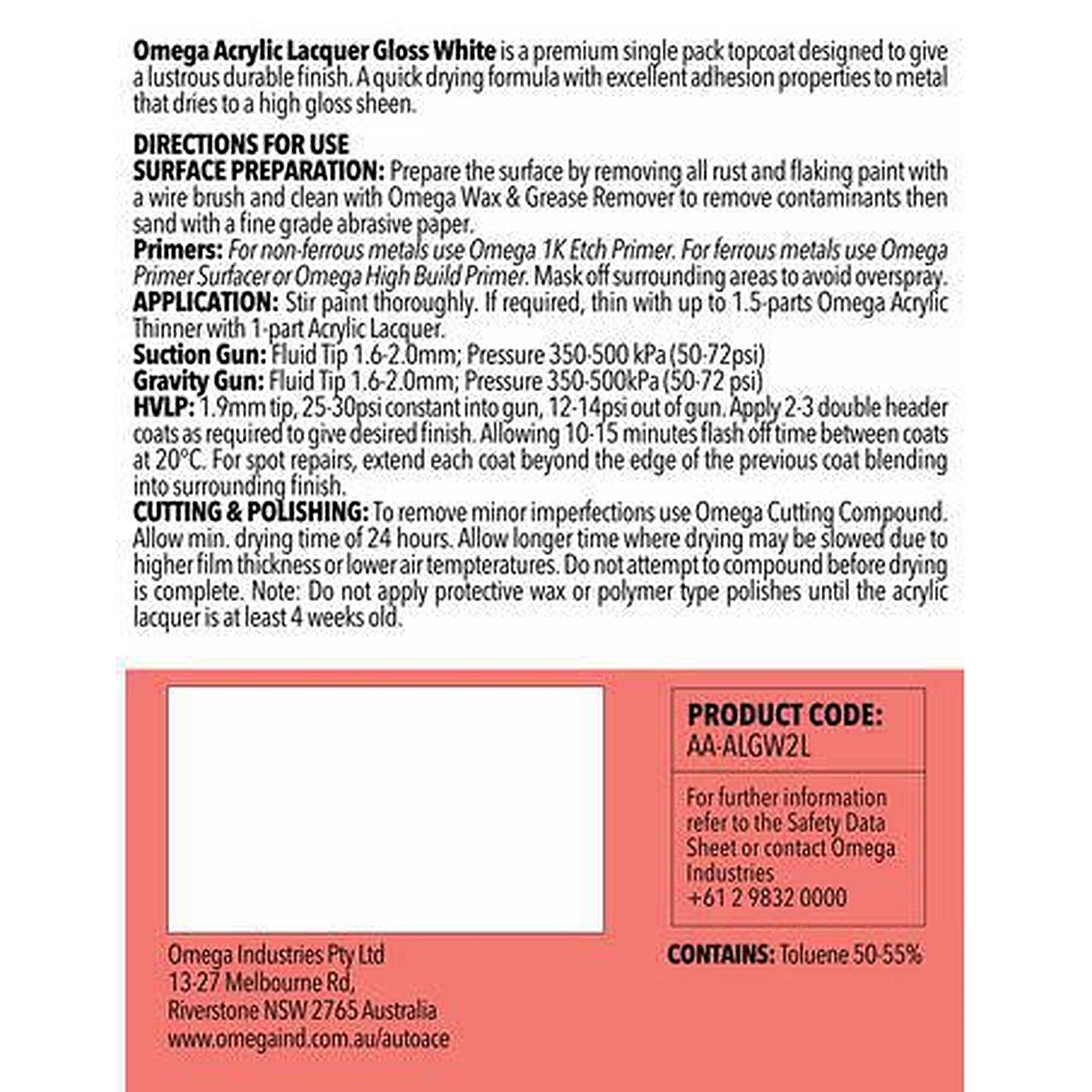 Omega Acrylic Lacquer Gloss White 2L AA-ALGW2L