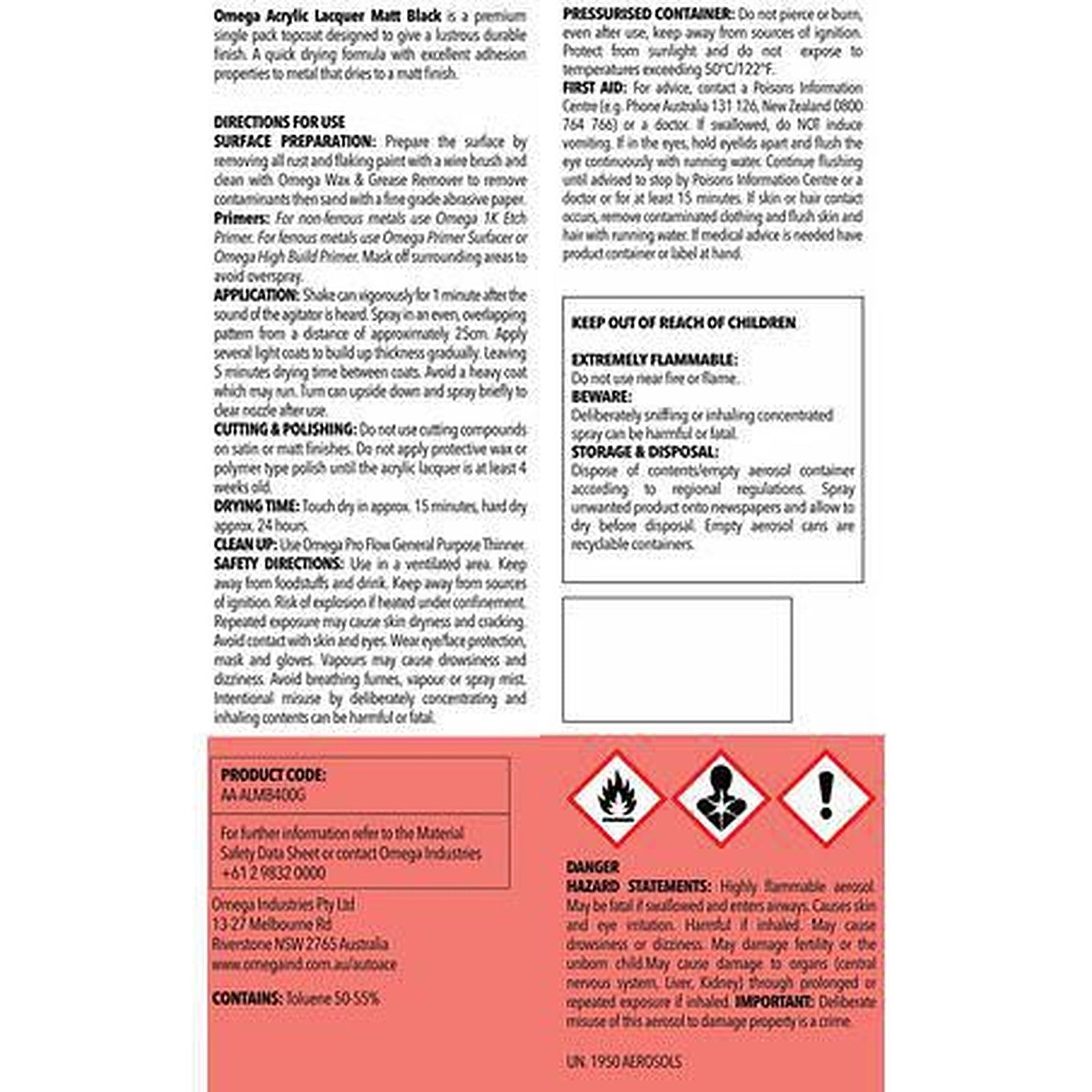 Omega Acrylic Lacquer Matt Black Spray 400g AA-ALMB400G