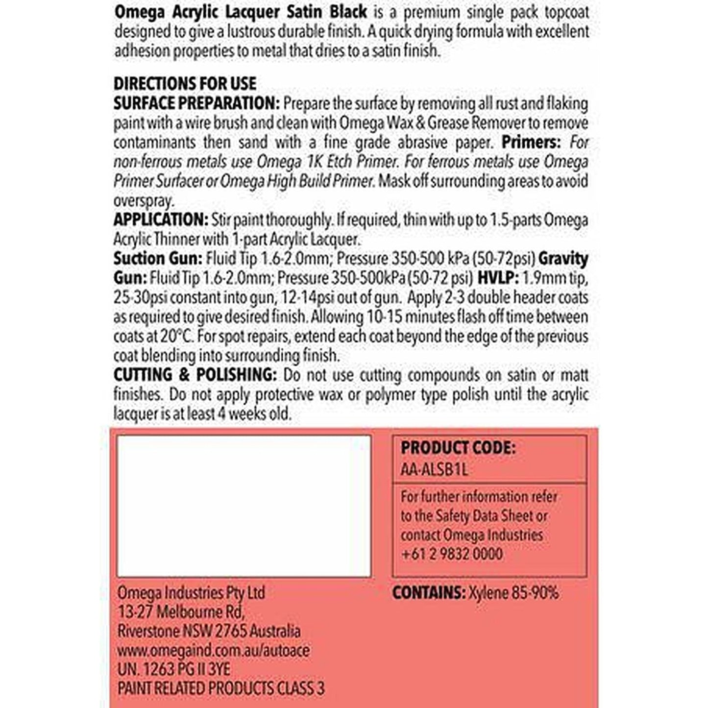 Omega Acrylic Lacquer Satin Black 1L AA-ALSB1L