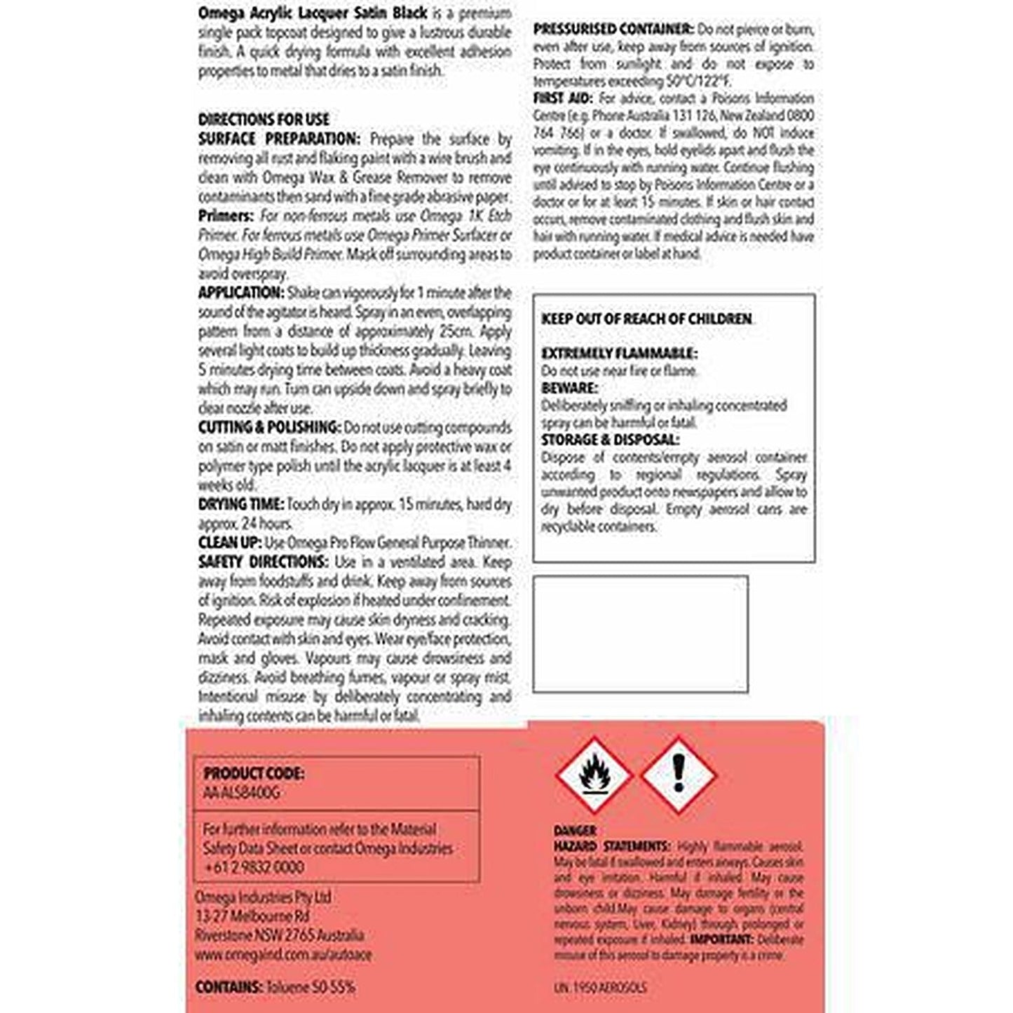 Omega Acrylic Lacquer Satin Black Spray 400g AA-ALSB400G