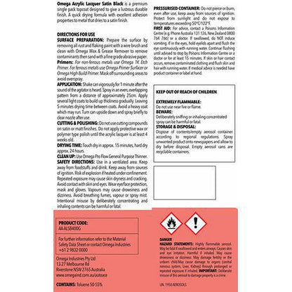 Omega Acrylic Lacquer Satin Black Spray 400g AA-ALSB400G