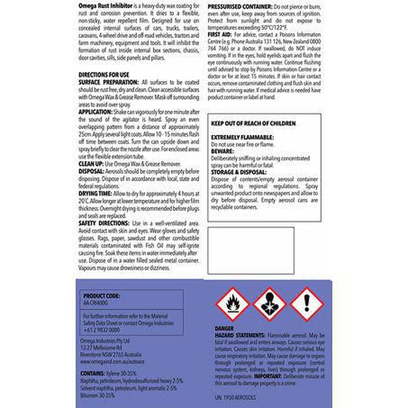 Omega Cavity Rust Inhibitor Spray Paint 400g AA-CRI400G
