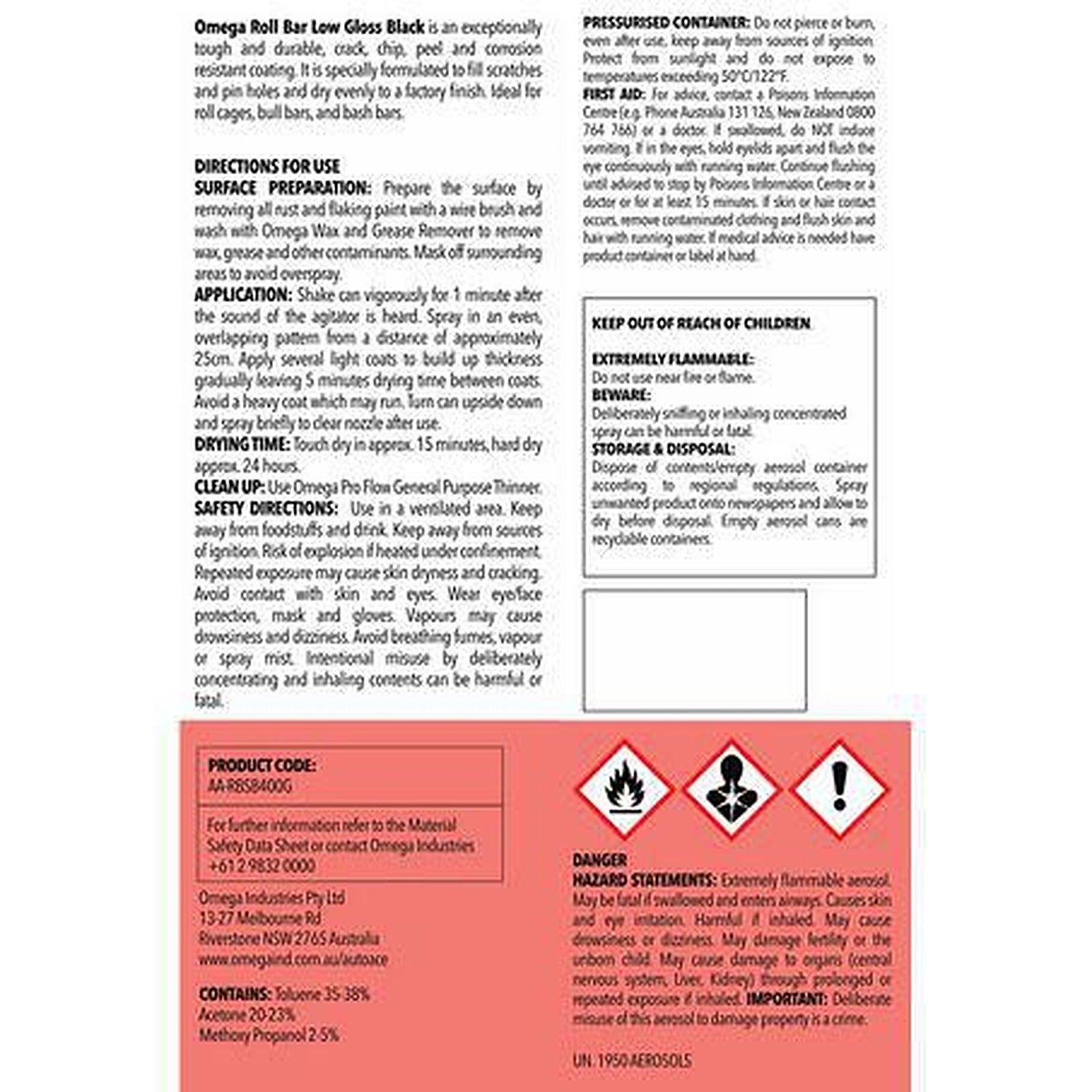 Omega Roll Bar Paint Low Gloss Black Spray 400g AA-RBSB400G
