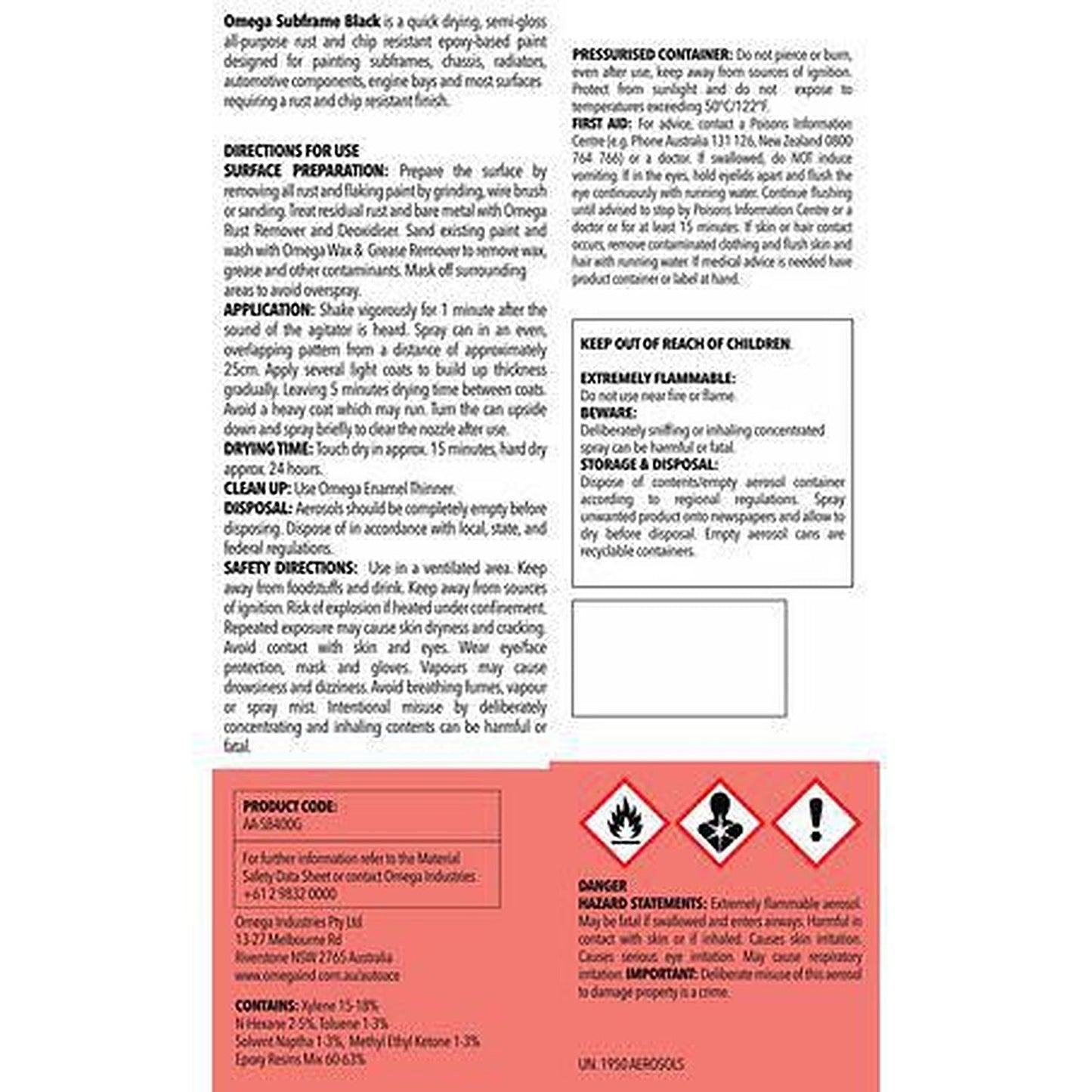 Omega Subframe Black Spray 400g AA-SB400G
