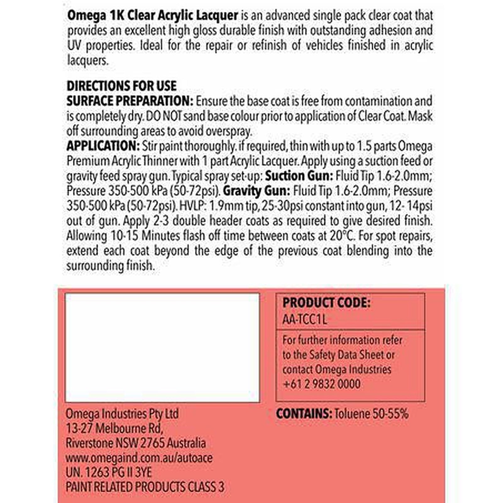 Omega Top Coat Clear Acrylic 1L AA-TCC1L