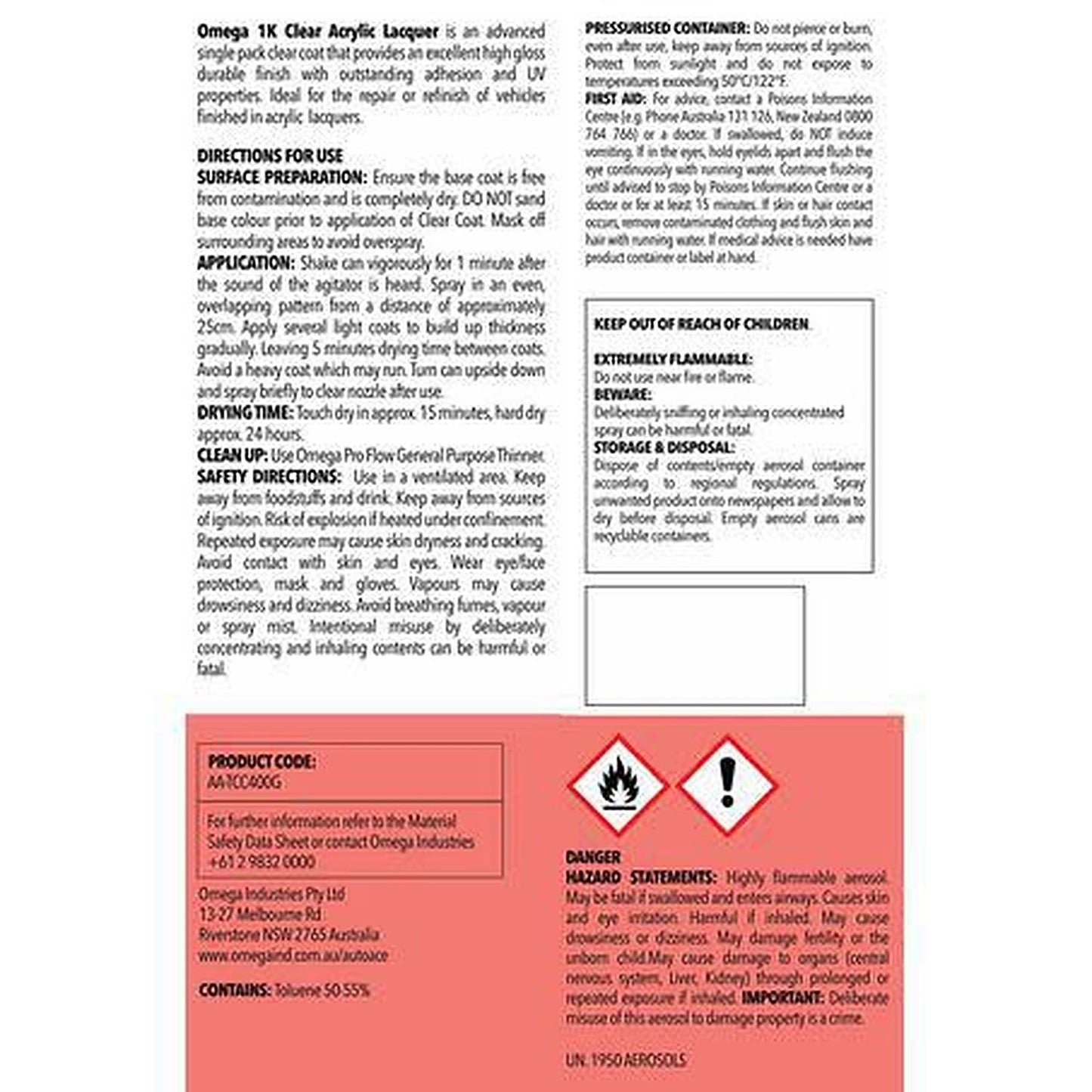 Omega 1K Top Coat Clear Spray Paint 400g AA-TCC400G