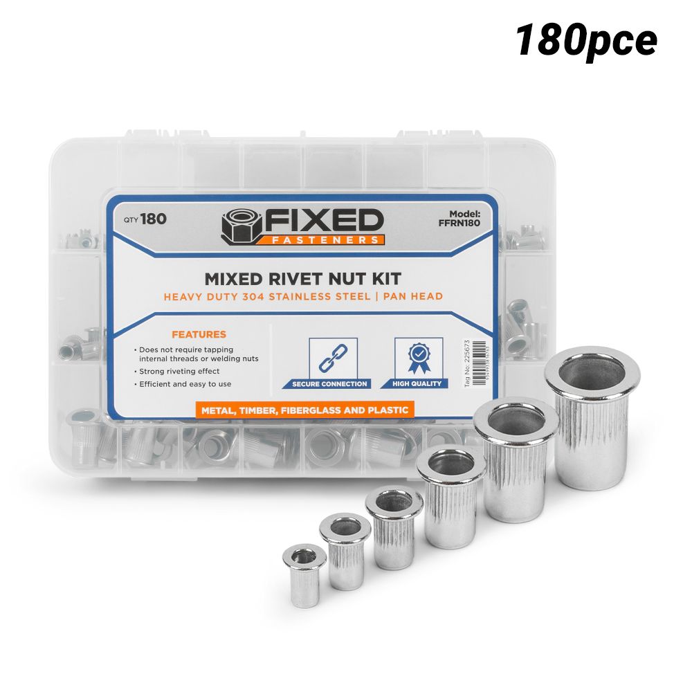 Fixed Fasteners FFRN180 180pce 304 Stainless Steel Pan Head Mixed Rivet Nut Kit