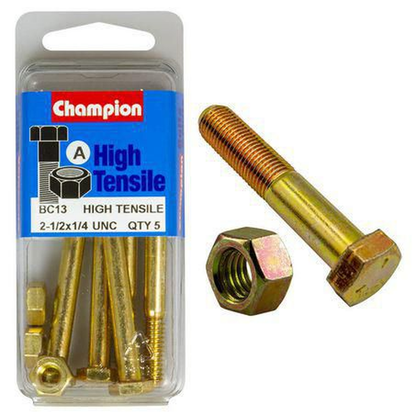 Champion Hex Bolt & Nut High Tensile 1/4in x 2 1/2in UNC Grade 5 BC13