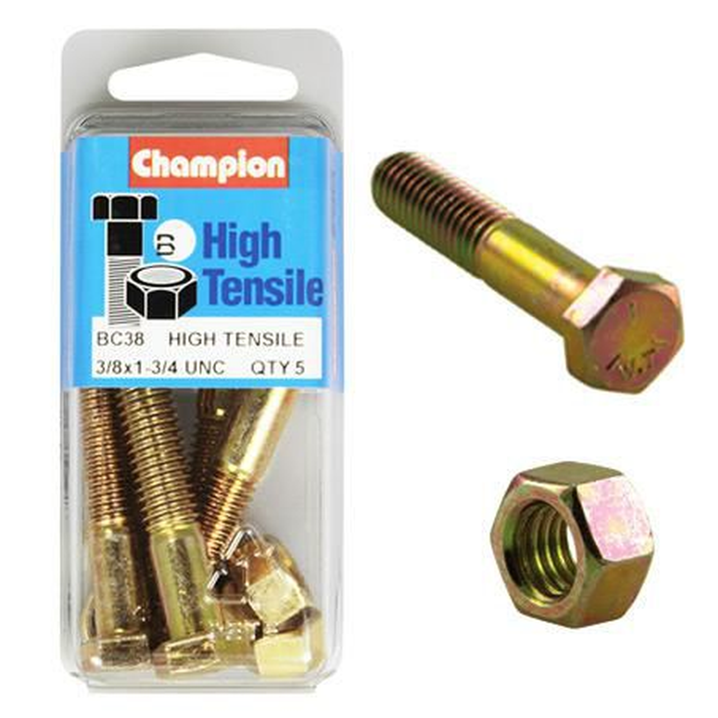 Champion Hex Bolt & Nut High Tensile 3/8in x 1 3/4in UNC Grade 5 BC38