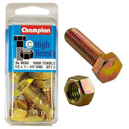 Champion Hex Set Screw & Nut High Tensile 1/2in x 1 1/4in UNC Grade 5 BC63