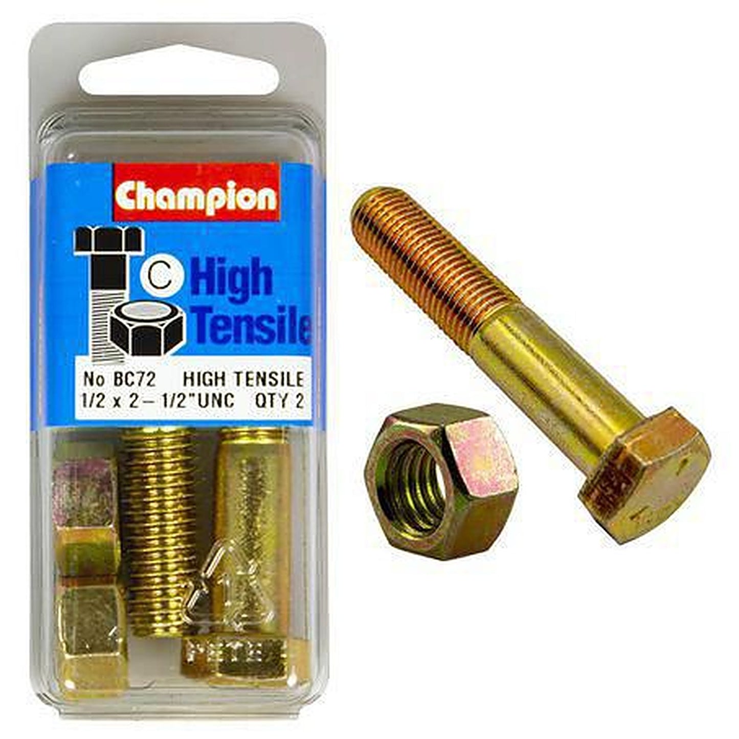 Champion Hex Bolt & Nut High Tensile 1/2in x 2 1/2in UNC Grade 5 BC72